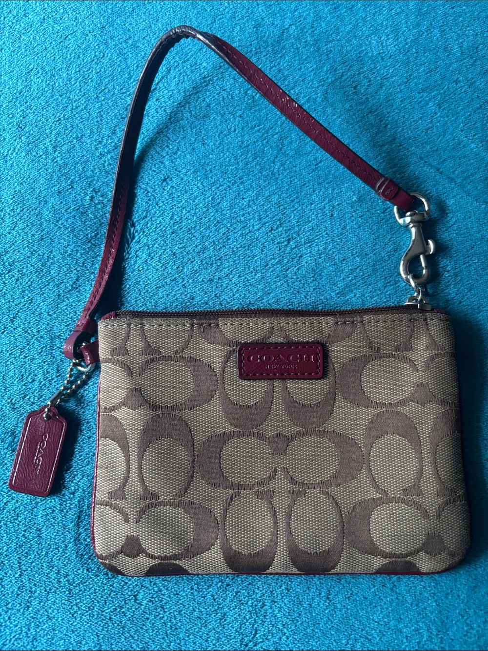 Coach Classic Signature Jacquard Canvas Wristlet with Burgundy Trim